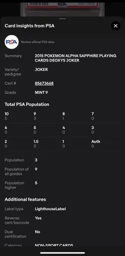Deoxys Pokemon Alpha Sapphire Playing Cards Joker - PSA 9 *Only 9 graded RARE - Image 4