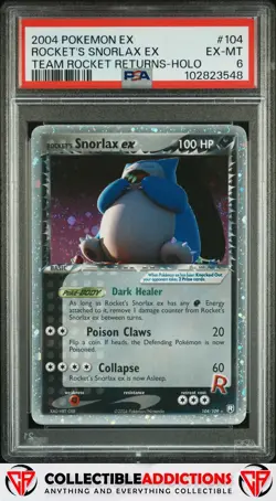2004 Pokemon Ex Team Rocket Returns #104 Rocket'S Snorlax Ex Holo 2 Swirls PSA 6 - Image 1