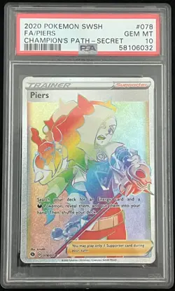 2020 POKEMON SWORD & SHIELD CHAMP'S PATH SECRET #078 FULL ART/PIERS PSA 10 - Image 1