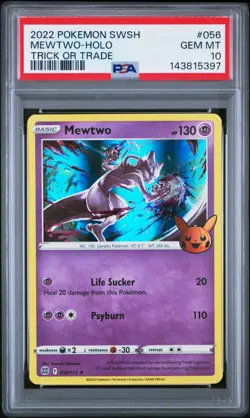 PSA 10 Gem Mint MEWTWO 056 Holo 2022 Pokemon Trick Or Trade Sword & Shield Stamp - Image 1