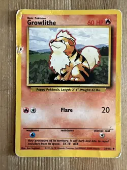 Growlithe 28/102 Uncommon 1999 Pokemon Base Set VERY DAMAGED - Image 1