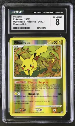 CGC 8 Pikachu 2007 Mysterious Treasures 94/123 Reverse Holo Pokemon Card - Image 1