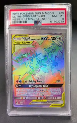 2019 Pokemon Sun & Moon Hidden Fates Moltres/Articuno/Zapdos GX FA Secret PSA 8 - Image 1