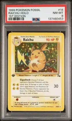 1999 POKEMON FOSSIL 1ST ED #14 RAICHU-HOLO PSA 8 - Image 1