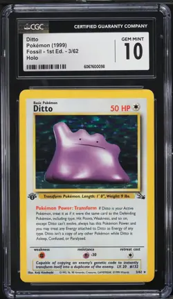 1999 Pokemon Card Fossil Set 1st Edition Ditto #3 PSA CGC 10 3/62 ENG Holo Rare - Image 1
