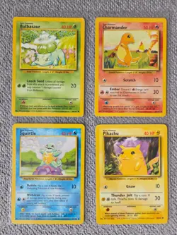 Base Set Starters X4 Bulbasaur Charmander Squirtle Pikachu 1999 Pokemon Cards MP - Image 1