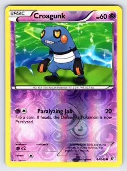 Croagunk 64/149 2012 B&W Boundaries Crossed Pokemon Card TCG Reverse Holo - Lp - Image 1