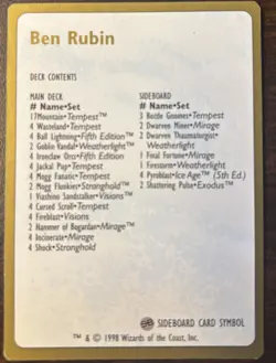 Magic the Gathering 1998 Seattle World Championship Deck Ben Rubin - Gently Used - Image 3