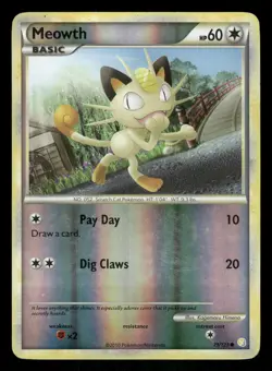 Pokemon Meowth Common HeartGold SoulSilver 75/123 LP Reverse Holo - Image 1