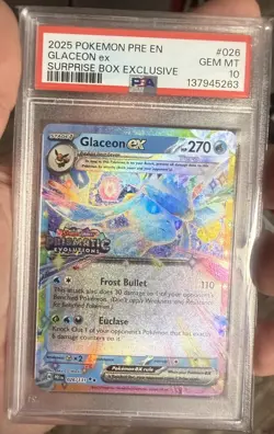 2025 POKEMON PRISMATIC EVOLUTIONS SURPRISE BOX EXCLUSIVE #026 GLACEON EX PSA 10 - Image 1