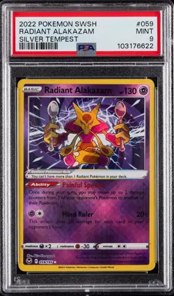 2022 POKEMON SWORD & SHIELD SILVER TEMPEST #059 RADIANT ALAKAZAM PSA 9 - Image 1