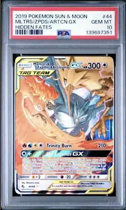 2019 POKEMON SUN & MOON HIDDEN FATES #44 MOLTRES & ZAPDOS & ARTICUNO GX PSA 10 - Image 1