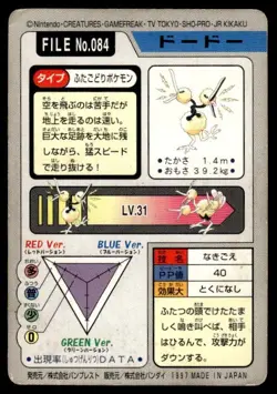 Doduo File NO. 084 Bandai Carddass Series 3-4 Pokemon Japanese ~ HP Creased - Image 2