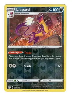 Pokemon TCG Liepard SWSH Brilliant Stars 091/172 Reverse Holo Rare Card NM-M - Image 1
