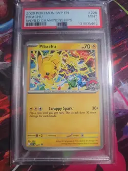 PIKACHU #225 2025 POKEMON SVP EN-SV WORLD CHAMPIONSHIPS BLACK STAR PROMO PSA 9 - Image 1