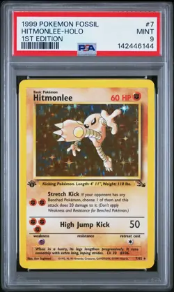 1999 POKEMON FOSSIL 1ST EDITION #7 HITMONLEE-HOLO PSA 9 - Image 1