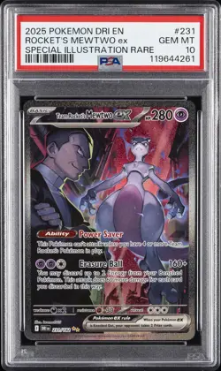 2025 POKEMON DESTINED RIVALS SPECIAL ILLUSTRATION TEAM ROCKET'S MEWTWO EX PSA 10 - Image 1