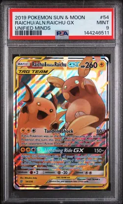 2019 POKEMON SUN & MOON UNIFIED MINDS #54 RAICHU & ALOLAN RAICHU GX PSA 9 - Image 1