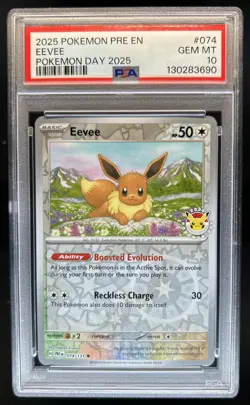 2025 Pokemon Prismatic Evolutions Eevee Reverse Holo Day #074/131 PSA 10 - Image 1