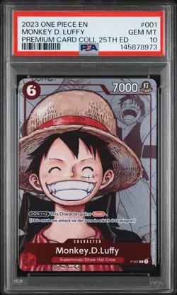 2023 ONE PIECE PREM BANDAI PREM CARD COLL 25TH ED #001 MONKEY D. LUFFY PSA 10 - Image 1