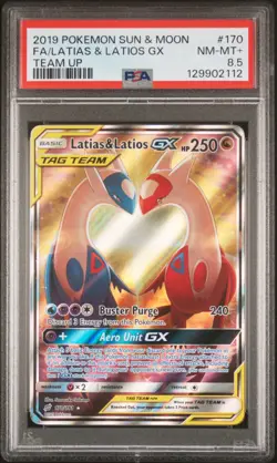 2019 POKEMON SUN & MOON TEAM UP #170 FULL ART/LATIAS & LATIOS GX PSA 8.5 - Image 1