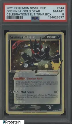 2021 Pokemon SWSH BSP Celebrations ETB #144 Greninja Gold Star PSA 8 NM-MT - Image 1