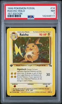 1999 POKEMON FOSSIL 1ST EDITION #14 RAICHU-HOLO PSA 7 - Image 1