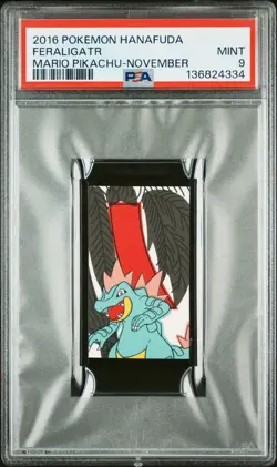2016 POKEMON HANAFUDA MARIO PIKACHU NOVEMBER FERALIGATR PSA 9 - Image 1