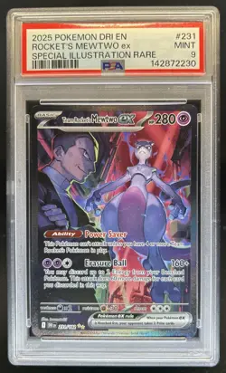 2025 Pokemon Destined Rivals Team Rocket's Mewtwo ex Full Art #231/182 PSA 9 - Image 1