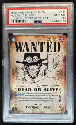 2025 One Piece Carrying On Will Portgas D Ace Wanted Alt Art #OP13-119 PSA 10 - Image 1
