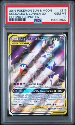 2019 POKEMON SUN & MOON COSMIC ECLIPSE #216 FULL ART/SOLGALEO & LUNALA GX PSA 10 - Image 1