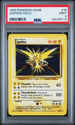 1999 POKEMON BASE SET UNLIMITED #16 ZAPDOS-HOLO PSA 9 - Image 1
