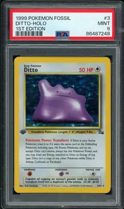1999 POKEMON FOSSIL 1ST ED #3 DITTO HOLO PSA 9 - Image 1