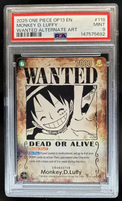 2025 One Piece Carrying On Will Monkey D Luffy Wanted Alt Art #OP13-118 PSA 9 - Image 1