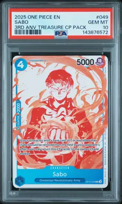 2025 ONE PIECE 3RD ANV! ONE PIECE CARD TREASURE CAMPAIGN PACK #049 SABO PSA 10 - Image 1