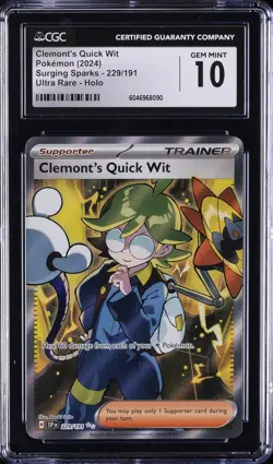 2024 POKEMON SURGING SPARKS ULTRA RARE #229 CLEMONT'S QUICK WIT CGC 10 GEM MINT - Image 1