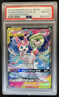 2019 Pokemon SM Unbroken Bonds Gardevoir Sylveon Tag Team Holo #130/214 PSA 10 - Image 1
