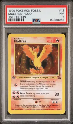 1999 Pokemon Fossil 12/62 Moltres Holo 1st Edition PSA 7 12/62 - Image 1