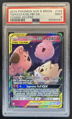 2019 Pokemon Cosmic Eclipse Togepi Cleffa Igglybuff Tag Team Holo #143/236 PSA 9 - Image 1