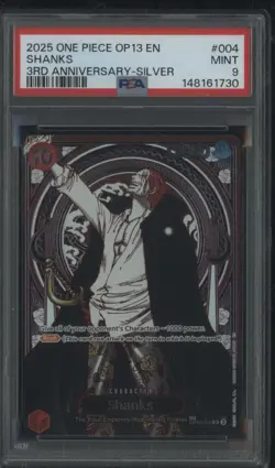 2025 One Piece OP13 ENGLISH 3rd Anniversary Silver #004 Shanks PSA 9 MINT - Image 1