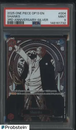 2025 One Piece OP13 ENGLISH 3rd Anniversary Silver #004 Shanks PSA 9 MINT - Image 1