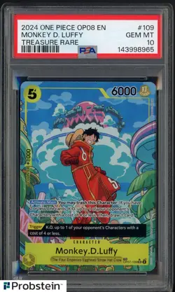 2024 One Piece OP08 EN Treasure Rare #109 Monkey D.Luffy PSA 10 GEM MINT - Image 1