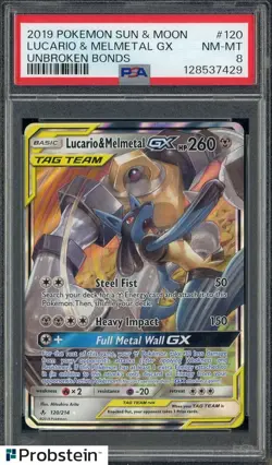 2019 Pokemon Sun & Moon Unbroken Bonds #120 Lucario & Melmetal GX PSA 8 - Image 1