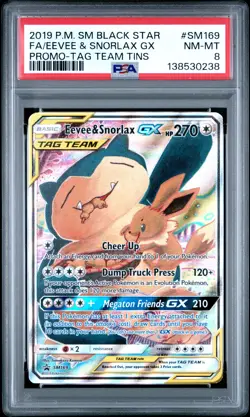 2019 POKEMON SM BLACK STAR PROMO TAG TEAM TINS FULL ART/EEVEE & SNORLAX GX PSA 8 - Image 1