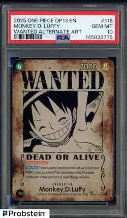 2025 One Piece OP13 EN Wanted Alternate Art #118 Monkey D. Luffy PSA 10 GEM MINT - Image 1