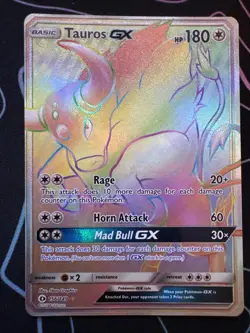 Pokemon TCG Tauros GX Full Art Holo Rainbow Rare Card Sun & Moon 156/149 - Image 1