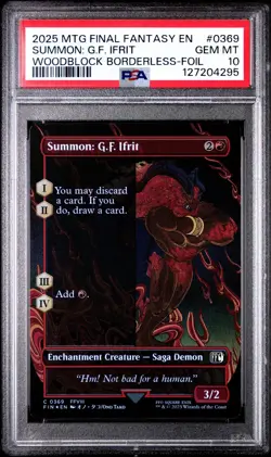 PSA 10 SUMMON: G.F. IFRIT WOODBLOCK BORDERLESS FOIL #0369 2025 MTG FINAL FANTASY - Image 1