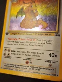 1st edition Dragonite 4/62 Fossil Holo Pokemon Card Vintage WoTC - Image 3