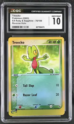 CGC 10 GEM MINT Treecko 2003 EX Ruby & Sapphire 76/109 Reverse Holo Pokemon Card - Image 1