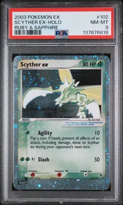 2003 POKEMON EX RUBY & SAPPHIRE #102 SCYTHER EX-HOLO PSA 8 - Image 1